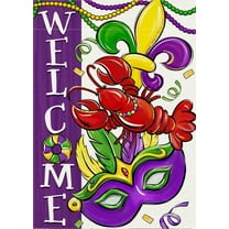 Mardi Gras Garden Flag, Crawfish Mask Fleur De Lis New Orleans Carnival Yard Decor, Purple Green Yellow Beads, 12 x 18