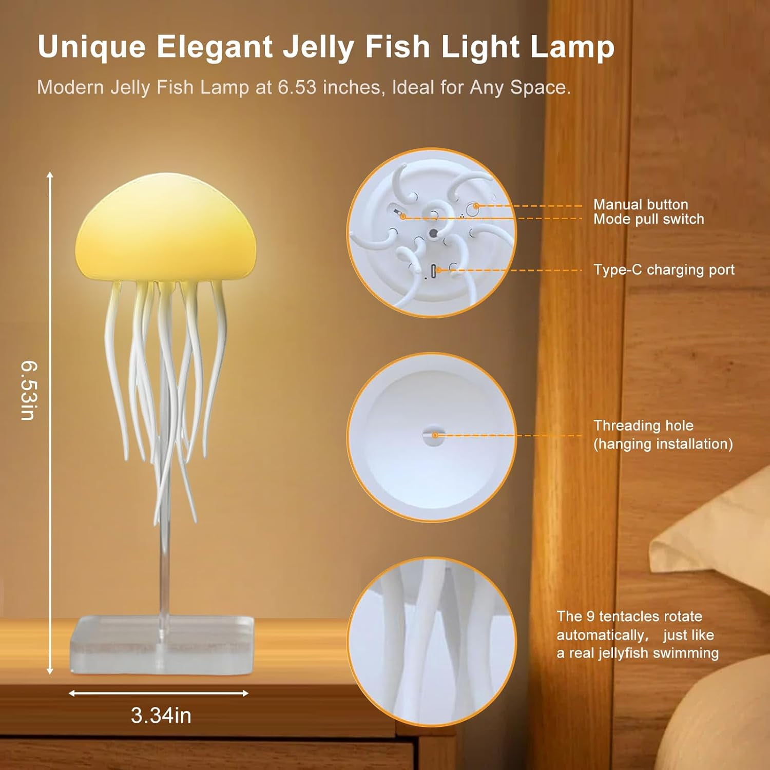 LED Jellyfish Lamp RGB Gradient Jelly Fish Light Lamp Voice Control Jellyfish Light with Dancing Legs and Touch Sensor Rechargeable Cute Desk Lamp for Bedrooms, Living Room (Hanging + Base)