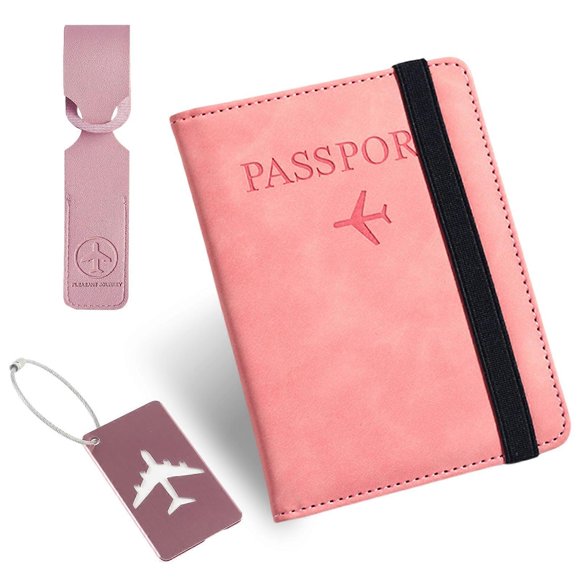 Passport Cover, Passport Cover with 2 Luggage Tags with RFID Passport holder for blocker, 10.5×14.5cm, pink