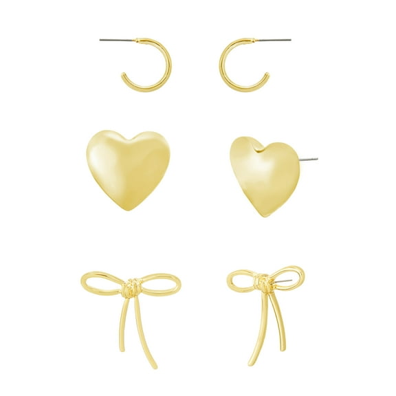 Madden NYC Women's Fashion Gold-Tone Romantic Bow & Heart Earring 3-Piece Set