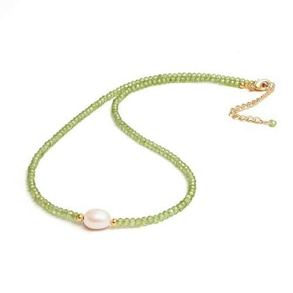 Green Peridot Beaded Necklace with Freshwater Pearl Crystal Jewelry August Birthstone Jewelry Gifts Hypoallergenic 18 Inch Gold Plated Adjustable Chain