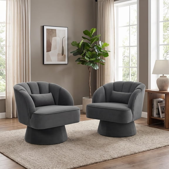 Set of 2 360掳 Swivel Accent Chairs, Oversized Base Upholstered Sofa Chairs with Thick Padding, 300LBS Capacity Ergonomic Lounge Chair for Bedroom Living Room, Gray