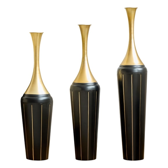 CQSXDA Set of 3 Handcrafted Metal Vases in Black and Gold, Tall Decorative Vases for Living Room and Home Decor