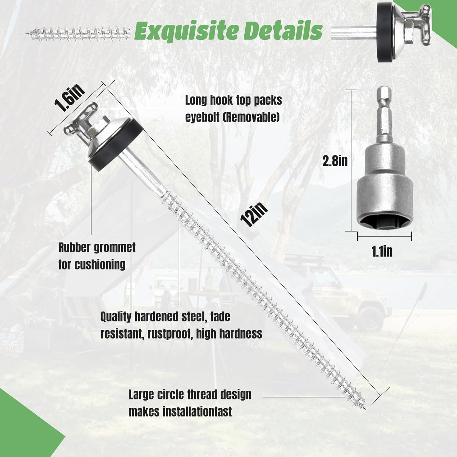 8 Pcs 12 Inch Drillable Tent Stakes Hex Pegs Long Hook Top Packs for Grassland Garden Tents Canopies Awnings Camping Travel with Hex Tool and Storage Bag
