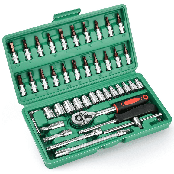 46-Piece 1/4 Inch Drive Socket Ratchet Wrench Set, Reversible Ratchet Handle, Bit Sockets, Metric Sizes & Extension Bar for Auto Repair and Home Use