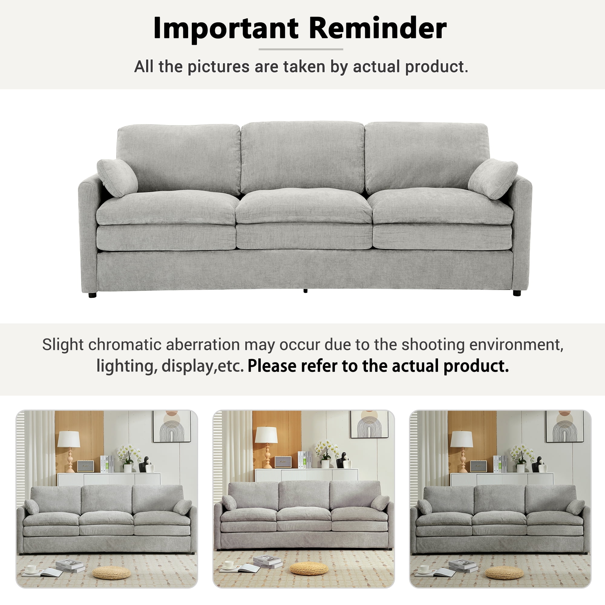 Euroco Modern 3-Seater Chenille Sofa with Double-Layered Cushions, Ergonomic Armrests & Detachable Lumbar Pillows, Upholstered Couch for Living Room or Office