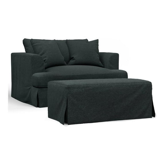 Pemberly Row 52" Fabric Slipcover Chair/A Half &Ottoman in Dark Gray