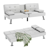Vineego Modern Faux Leather Couch Convertible Folding Futon Sofa Bed with 2 Cup Holders,White