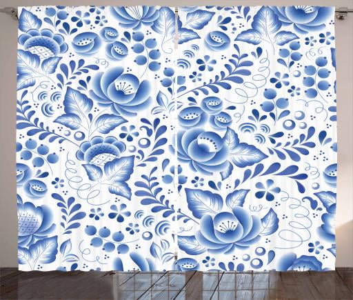 Vintage Blue Curtains 2 Panels Set Chinese Style Traditional