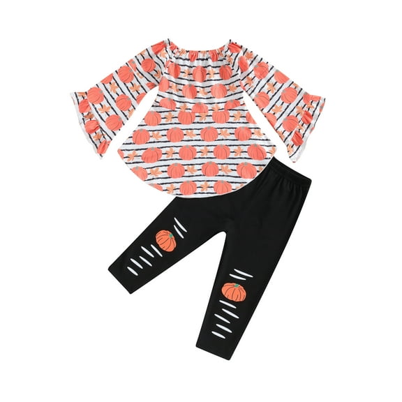Wassery Little Girls Halloween Outfits Set Long Sleeve Pumpkin Print Shirt Long Pants 6M 12M 18T 24T 3T 4T 5T Toddler Baby 2Pcs Fall Winter Halloween Clothes