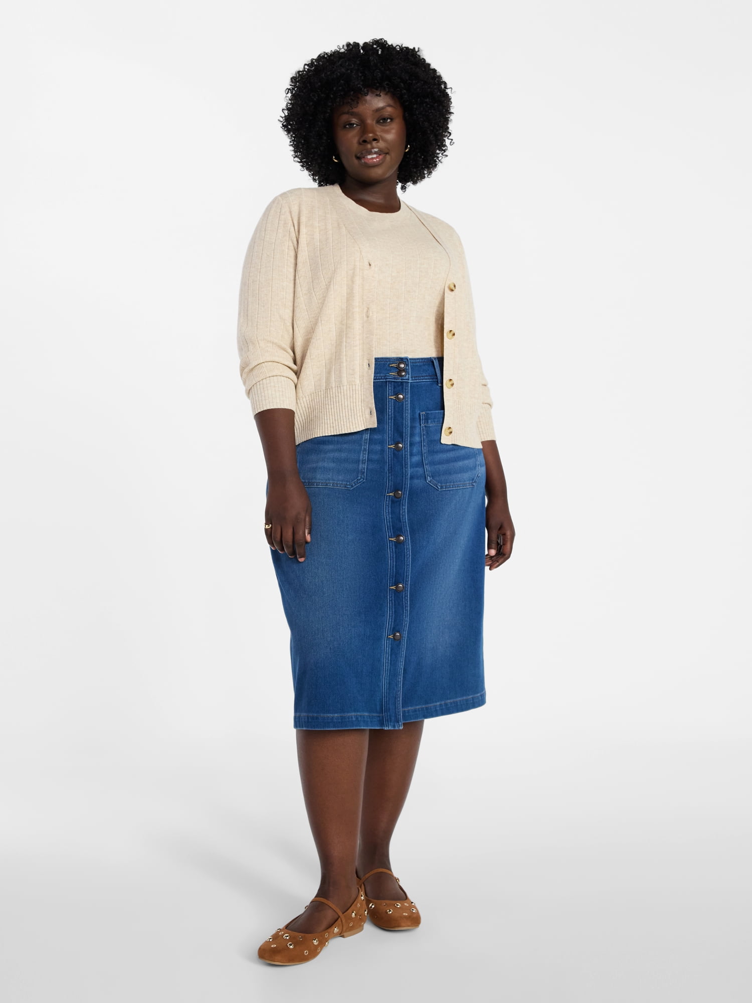 Terra & Sky Women's Plus Knit Denim Skirt, 30" Skirt Length, Sizes 16W-24W