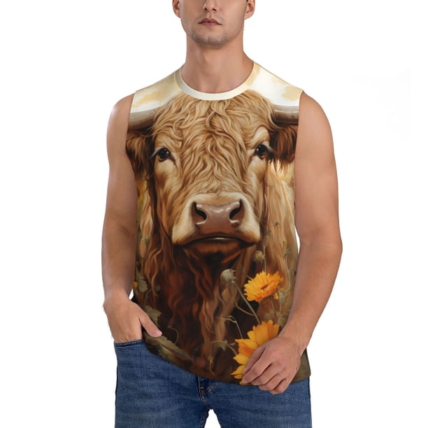 Fotbe Vintage Sunflower Cow Men's Camiseta sin Mangas Estampada para Hombres, Playera Casual para Gimnasio, Entrenamiento, Playa-Medium