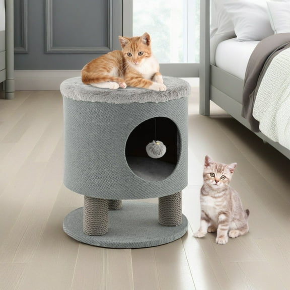 Pefilos 18" Cat House for Indoor Cats with Scratching Posts and Plush Ball Toy, Modern Cat Cave Bed, Cat Nest Condo Cute Cat Shelter, Gray