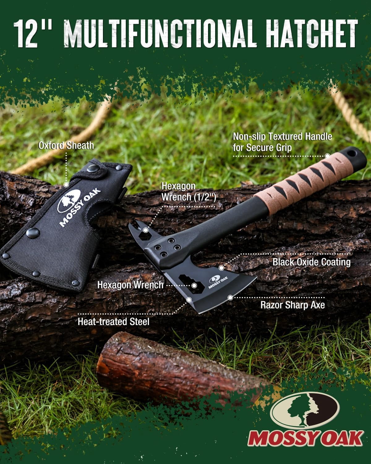 12" Camping Axe and Survival Hatchet with Sheath, Com Outdoor Multitool Hex Wrench Slots, Non-Slip Dual-Color Handle, Small Gear for Hiking, Chopping, Hunting