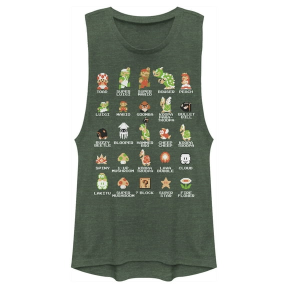 Junior's Nintendo Super Mario Bros Character Guide Festival Muscle Graphic Tee Pine Green Heather 2X Large