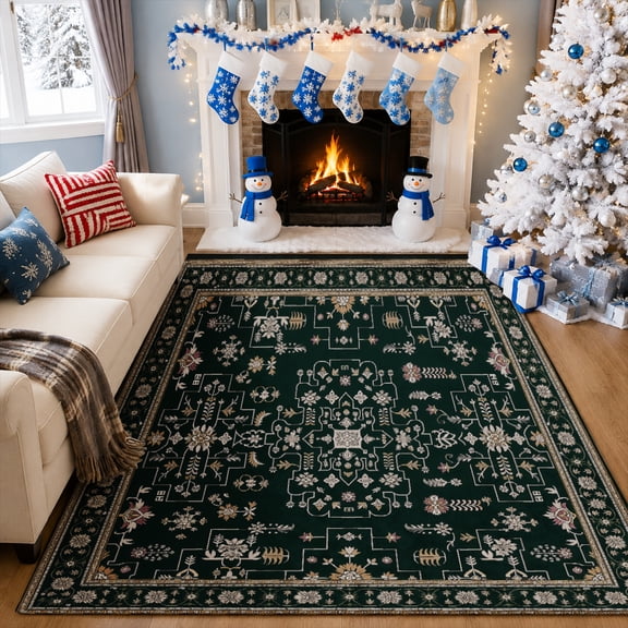 Gelasgo Vintage Black Floral Velvet Area Rug, Ornamental Botanical Decorative Carpet, Elegant Indoor Floor Mat for Bedroom Living Room Dining Room Office Home Decor
