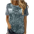 thumbnail image 2 of Laqbezok Women's Shiny Sequin Short Sleeve Top, Pullover Puff Sleeve Patchwork Blouse, Casual Sparkly Party Outfit, 2 of 6