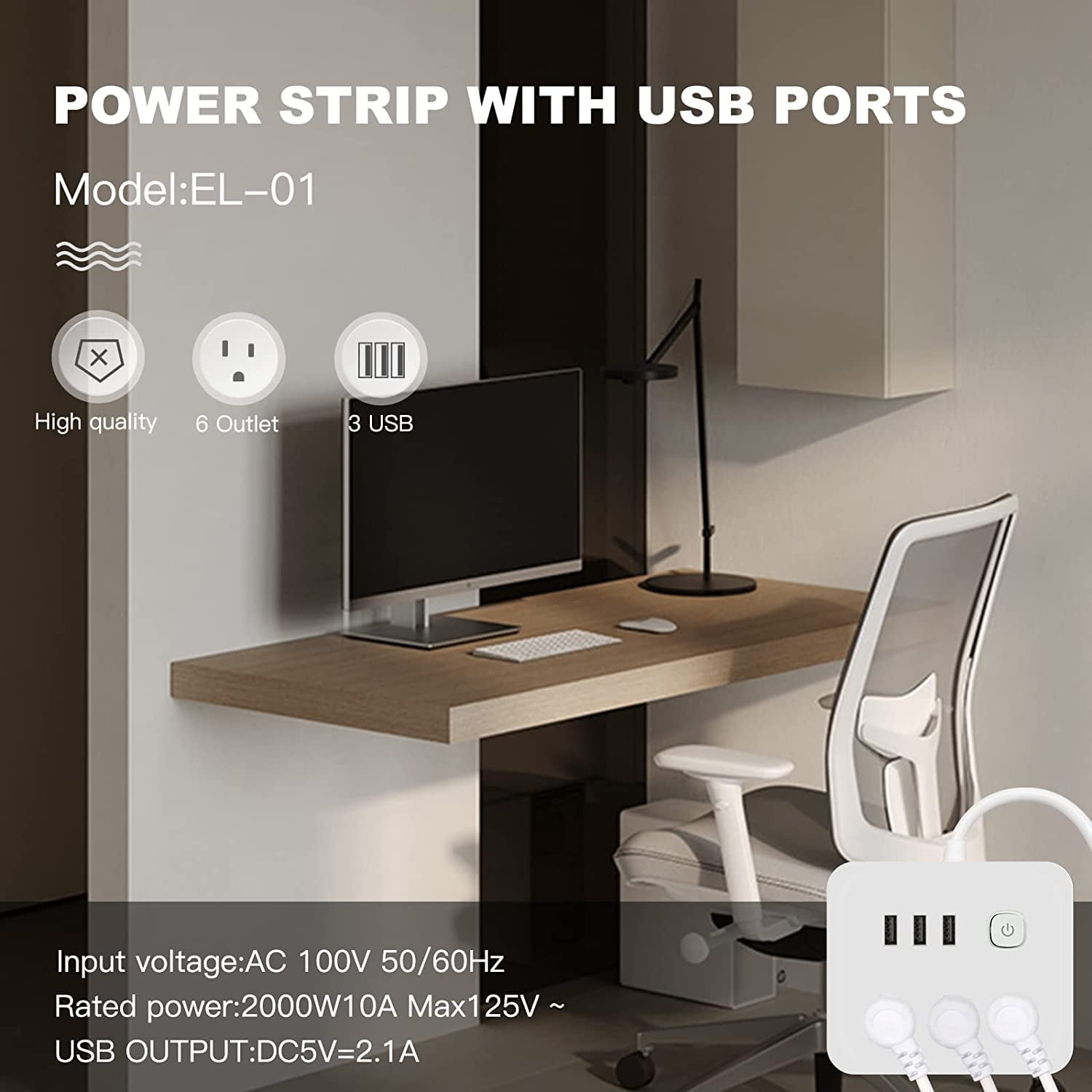 BSEED Power Strip with USB,Surge Protector Flat Plug with 6 Outlets,4 USB Ports(1 USB-C Port), Portable Desk Charging Station Extension Cord 3.9ft,Power Outlet for Home Office and Travel - White