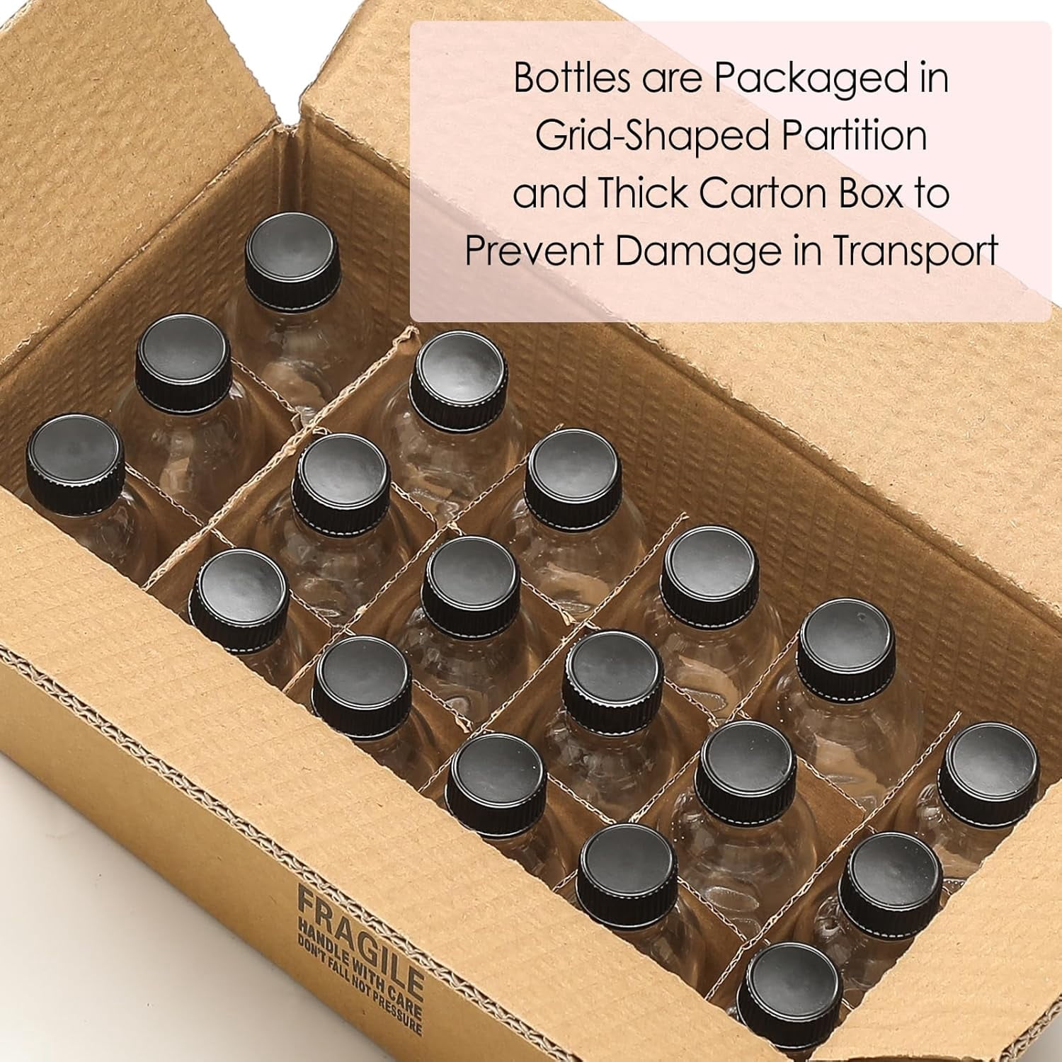 GA 18 Pack, 2 oz Small Clear Glass Bottles w/ Lid & 4 Stainless Steel Funnels-60ml Boston Sample Bottles-Mini Travel Essential or Decorative Bottles for Potion, Juice, Wellness, Ginger Shots, Whiskey