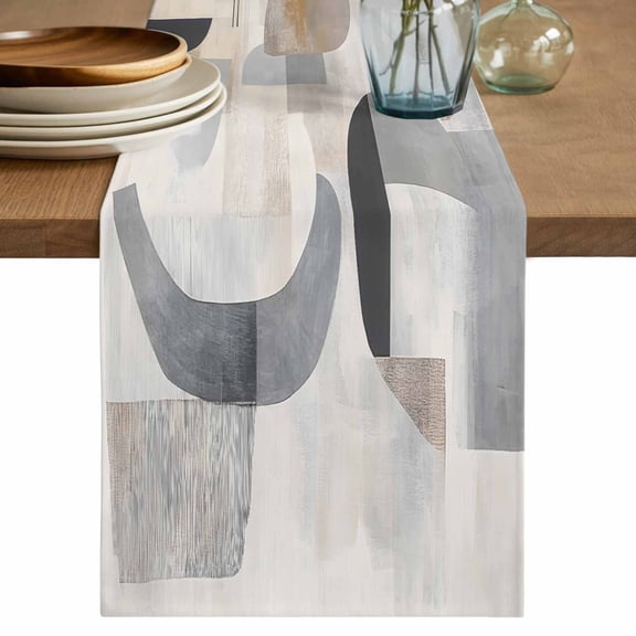 Abstract Gray Brown Table Runner, Modern Geometric Art Washable Cotton Linen Table Runners 72 Inches Long, Dresser Scarf Runner for Dining/Coffee/Kitchen/TV Stands/Cabinets 14''x72''