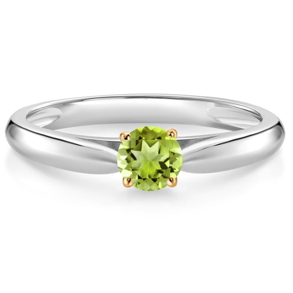 Gem Stone King 10K White and Yellow Gold Green Peridot Solitaire Engagement Ring for Women (0.30 Cttw, Gemstone August Birthstone, Round 4MM, Size 5)