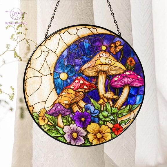 Mushroom Suncatcher, Enchanted Crescent Moon Stained Glass Suncatcher with Mushroom and Flower, Cottagecore Window Hanging Art,Gift For Her 4346110431