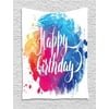 Birthday Decorations Tapestry, Watercolor Splash Painting Artwork with Birthday Message Hand Written, Wall Hanging for Bedroom Living Room Dorm Decor, 40W X 60L Inches, Multicolor, by Ambesonne
