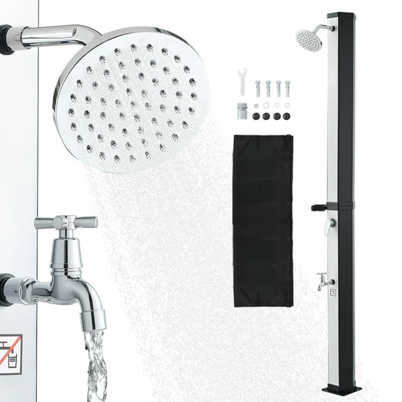 KFFKFF Foot Faucet & Soap Holder, 9.2 Gal Solar Heated Outdoor Shower, 6.4ft Height with Showerhead, Black/Silver