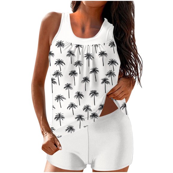 Nfurl Tummy Control Tankini Sets for Women 2 Piece Bathing Suits High Waist Tankini Swimsuits with Shorts Summer Floral Print Swimming Suits White,Size XXL