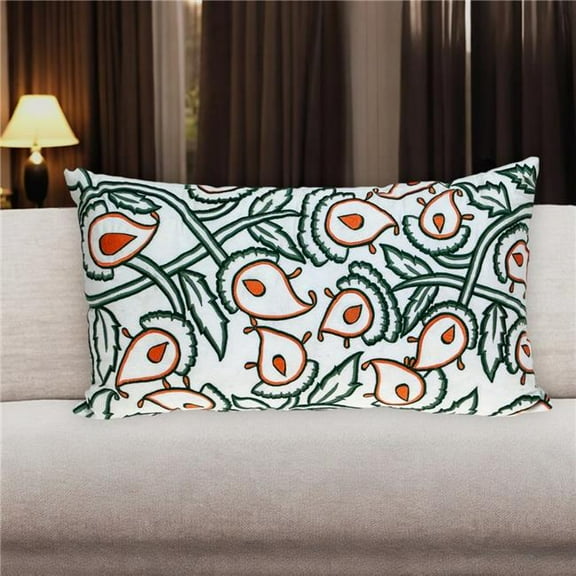 HomeRoots 529265 14 x 24 in. Green & White Cotton Lumbar Throw Pillow with Embroidery