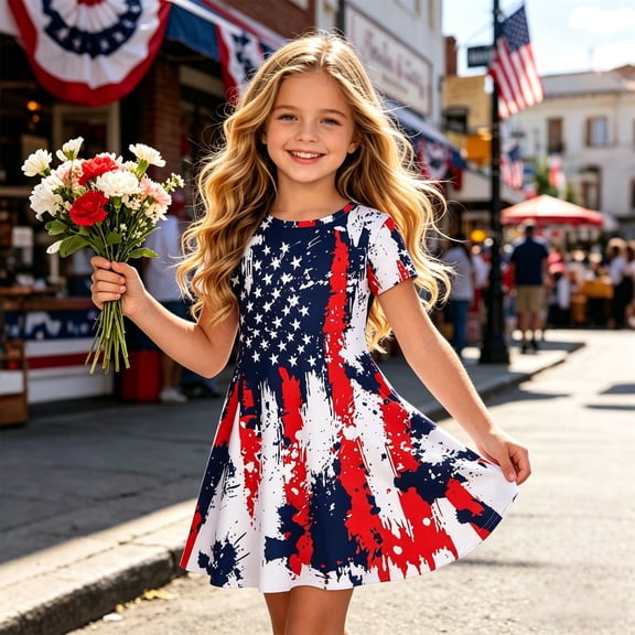 CAIXIA 4th of July Dresses for Girls USA Patriotic Dress American Flag A Line Dress Independence Day Outfit