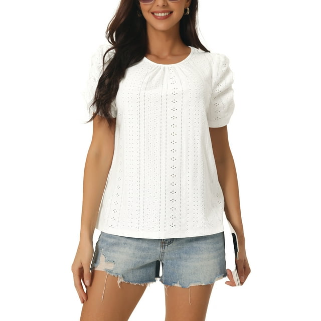 INSPIRAR CHIC Blusas de Manga Corta Fruncidas para Mujeres, Blusas Elegantes y Casuales con Cuello Redondo, Camisetas de Verano, L Blanco