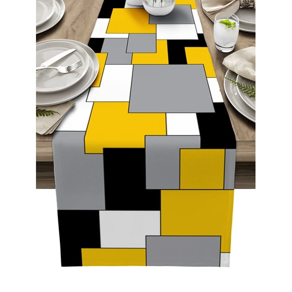 Yellow Grey Black Geometric Table Runner Middle Century Art Abstract Aesthetics Tablerunners 13 x 60 Inch, Table Decorations Tabletop Scarf for Summer Gathering Holiday Farmhouse Kitchen Dining Decor
