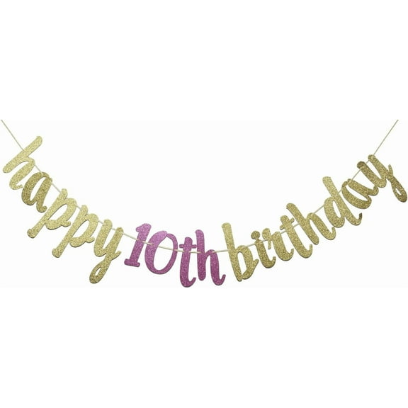 Happy 10th Birthday Glitter Garland Banner-Happy 10th Birthday Party Supplies (Gold & Pink)
