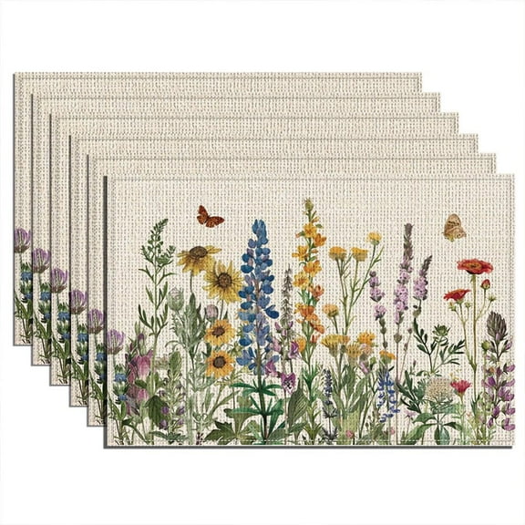Wildflower Table Placemats Set of 6 Spring Colorful Flower Table Mats Seasonal Flowers Plants Washable Linen Place Mats Heat Resistant Table Mats for Holiday Dining Kitchen 17.7x11.8 Inch