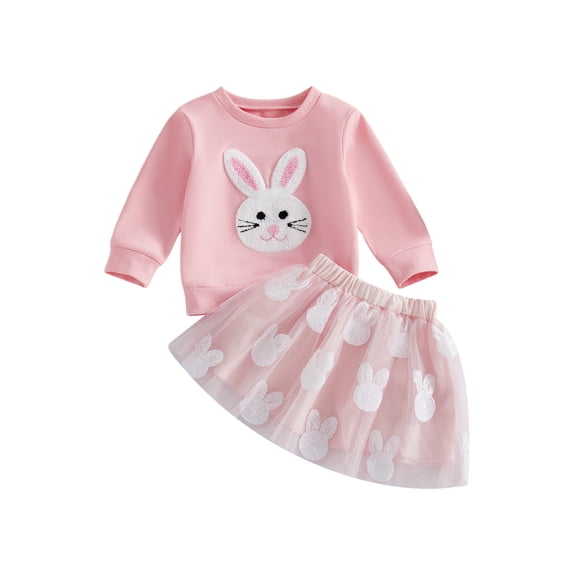 BemeyourBBs Toddler Baby Girls Easter Bunny Outfits Long Sleeve Rabbit Embroidery Sweatshirt Tulle Tutu Skirt Set Cute Infant Baby Girl Spring Clothes