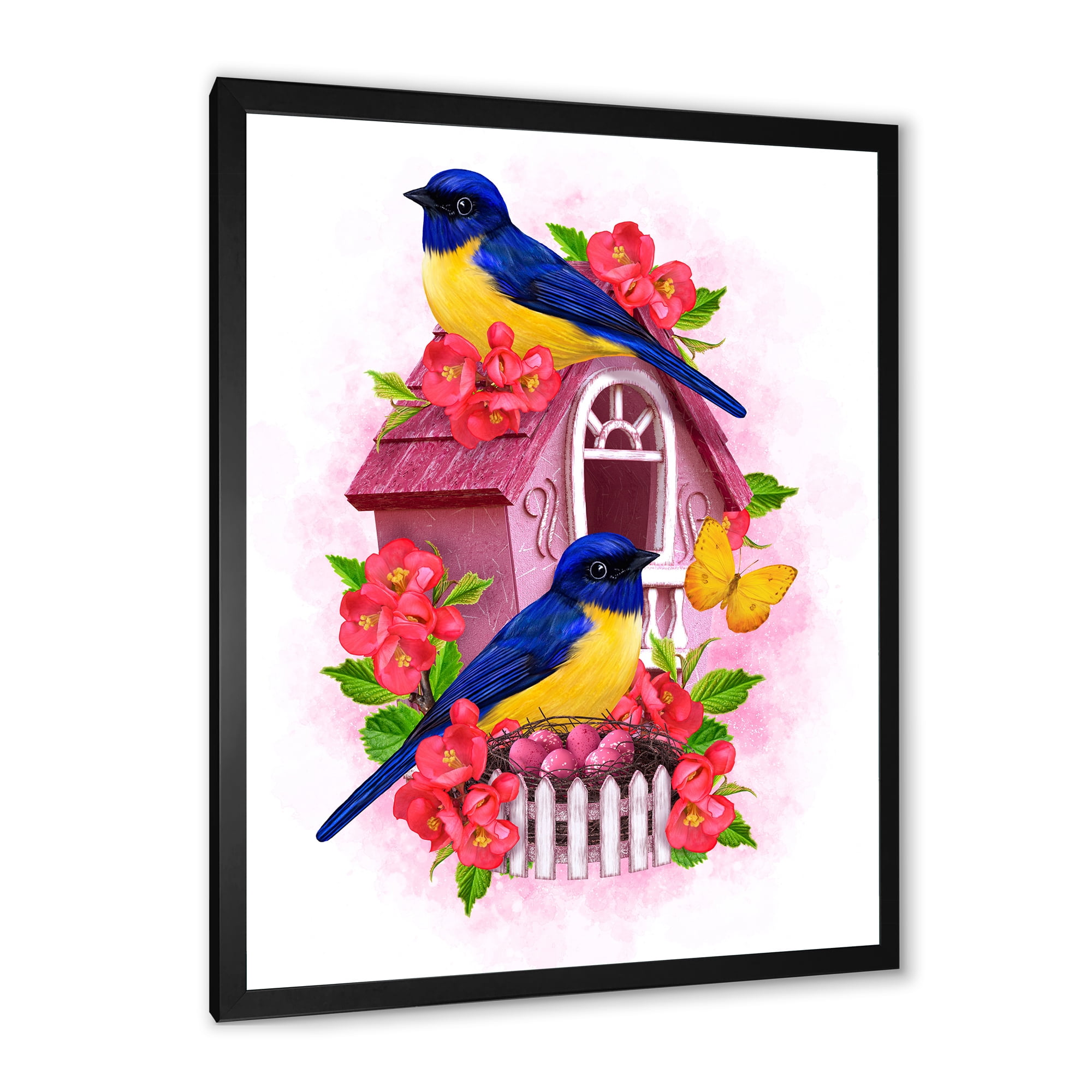 Designart 'Two Yellow and Blue Tit Birds Sitting Near The Nest' Traditional Framed Art Print