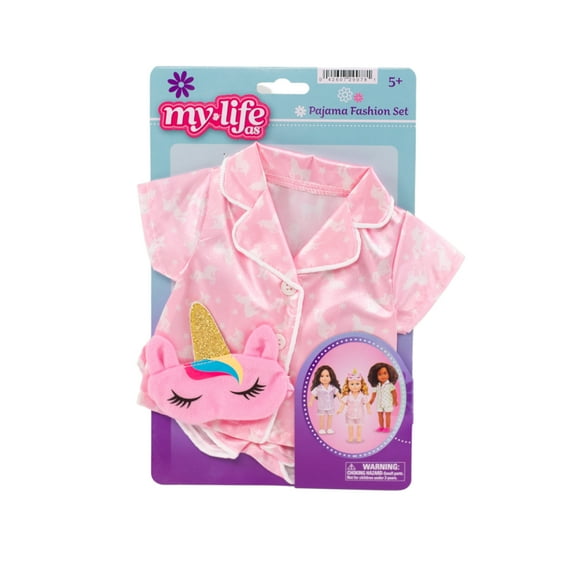My Life As Pajama Fashion Set for 18-inch Doll, 3 Pieces Included, Pink & White Print, Unicorn Theme