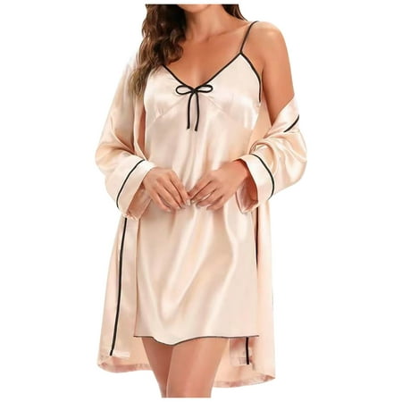 

BELLZELY Lingerie for Women Plus Size Clearance Women Two Piece Lingerie Set Silk Satin Solid Cute Babydoll Underwear Sleepwear Camisole Nightdress + Nightgown Robe Suit