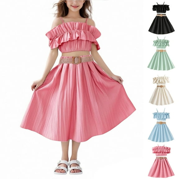 Bovxnpu Girls 2 Piece Outfits, Kids Girl Sleeveless Cami Tops and Half Skirt, Girls' Chiffon Dress Summer One Shoulder Camisole Half Skirt Set 10-11 Years