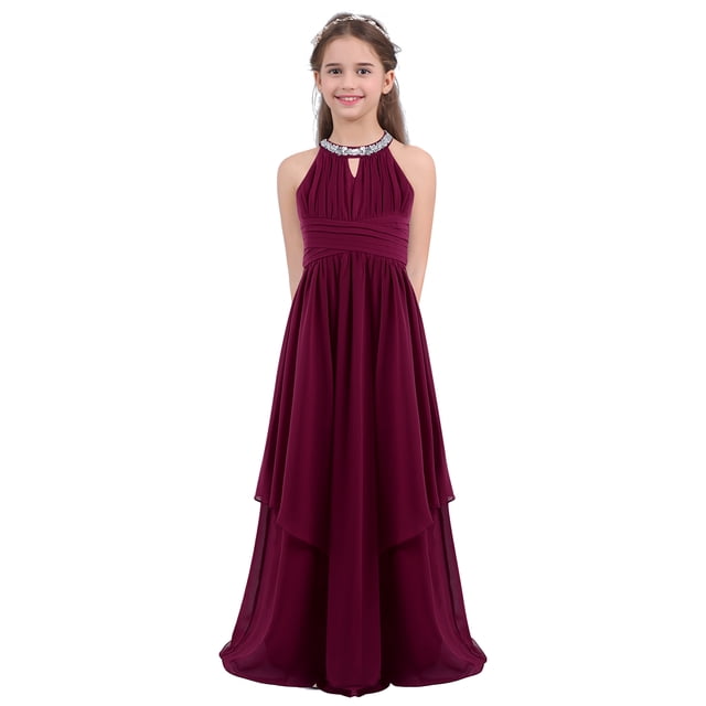 Oyolan Robe de Demoiselle d'Honneur pour Enfants Robe Longue en Chiffon pour Mariage Robe de Danse Soirée Bordeaux 14