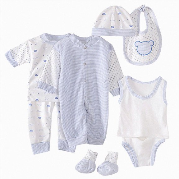 Kakishop Preemie Clothes 8PCS Newborn 0-3M Boys Girls Baby Cotton Clothes Bib Tops Hat Pants Romper Sock Shoe Suit Outfit Sets OneSize Light blue