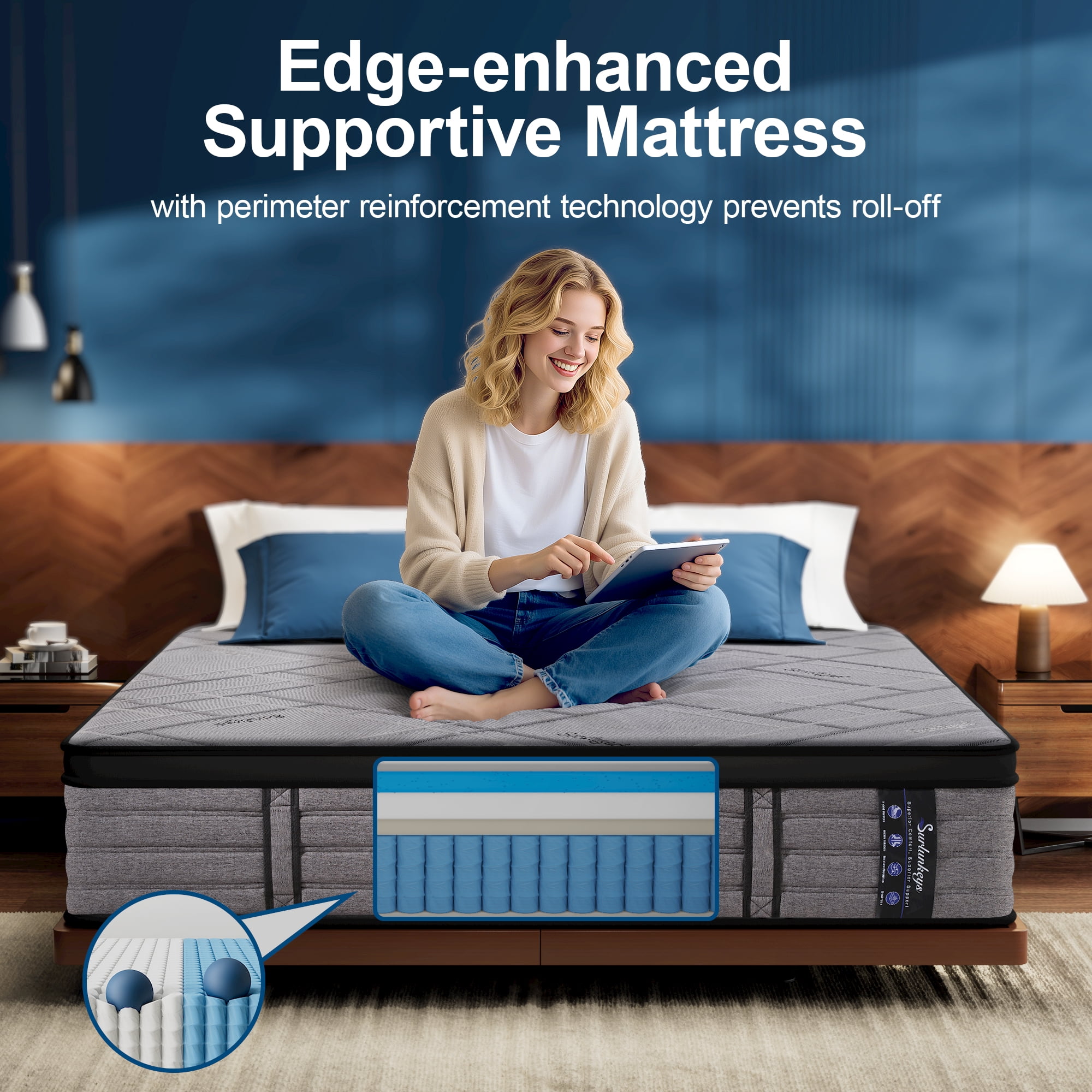 Surlunkeys 14 inch King Size Mattress Cooling Gel Memory Foam Mattress in a Box ,Hybrid Pocket Spring Coils, Medium Firm