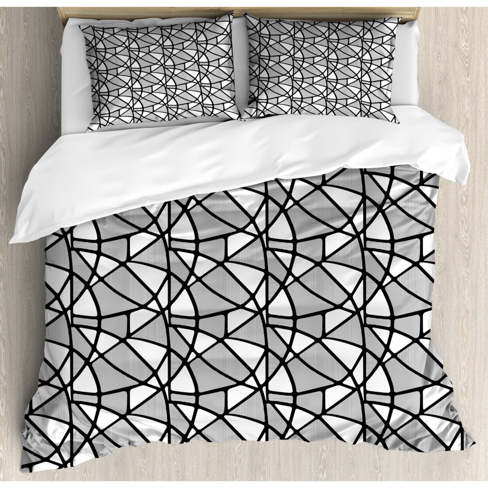 Black and White King Size Duvet Cover Set, Geometrical Pattern with