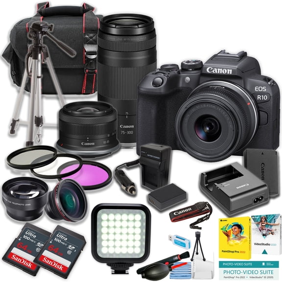 Canon EOS R10 Mirrorless Camera w/18-45mm and RF 75-300mm Lens   2pc SanDisk 64GB Ultra Memory Card   LED Light   Tripod   More (21pc Bundle) (International Version)