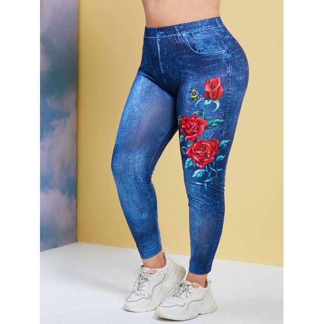 Impresión 3D Insecto Floral Rose Plus Tize Jeggings Rosegal Leggings de talla grande