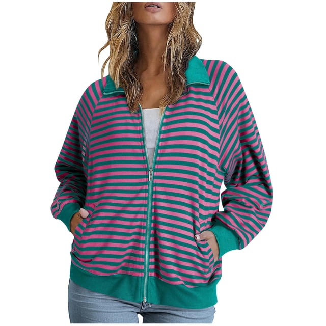 WRKEKC Veste à Manches Raglan Imprimé Rayé Fermeture à Glissière avant Col Décontracté Style Urbain Grande Taille Rose m