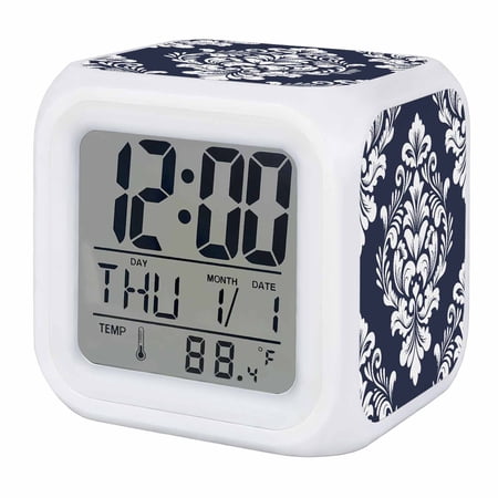 Alarm Clocks Navy Blue Luxurious Floral Digital Clock 7 Color LED Night Light Silent Non-Ticking Battery Operated Classic Abstract Art Cube Clocks for Bedroom Bedside Living Room Office School
