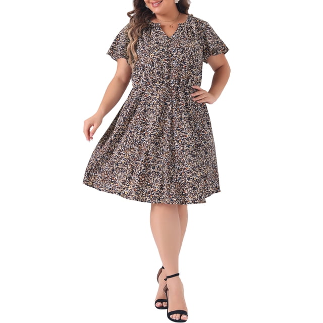 Vestido Plus Size GRACE & GRANDEUR para Mujeres Boho Floral con Cuello en V con Volantes, Vestido Midi A Linea en Azul Marino 4X