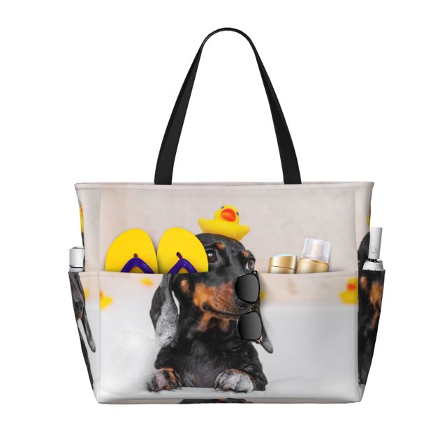 Fotbe Dachshund Sitting in Bathtub Bolsa de Viaje para Playa - Resistente al Agua, Bolsa Tote de Gran Capacidad y Ligera con 7 Bolsillos para Mujeres y Hombres
